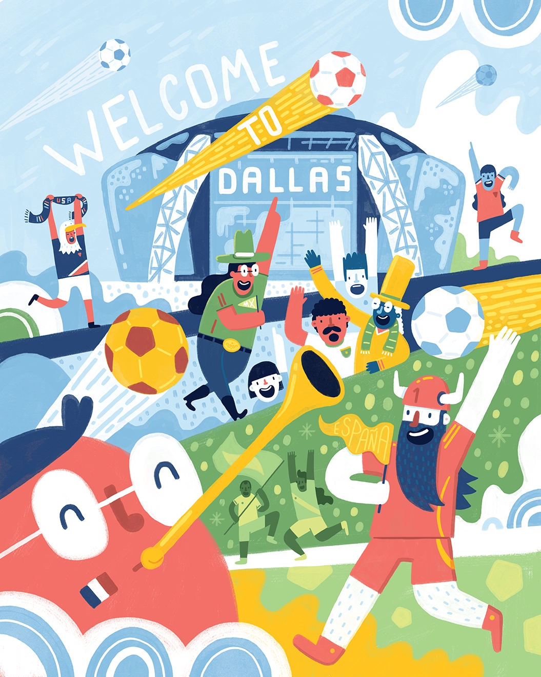 An illustration of excited world cup football/soccer fans in Dallas Texas